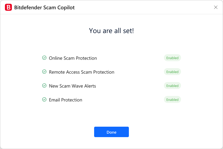 Configurar Scam Copilot. Ya está todo listo.