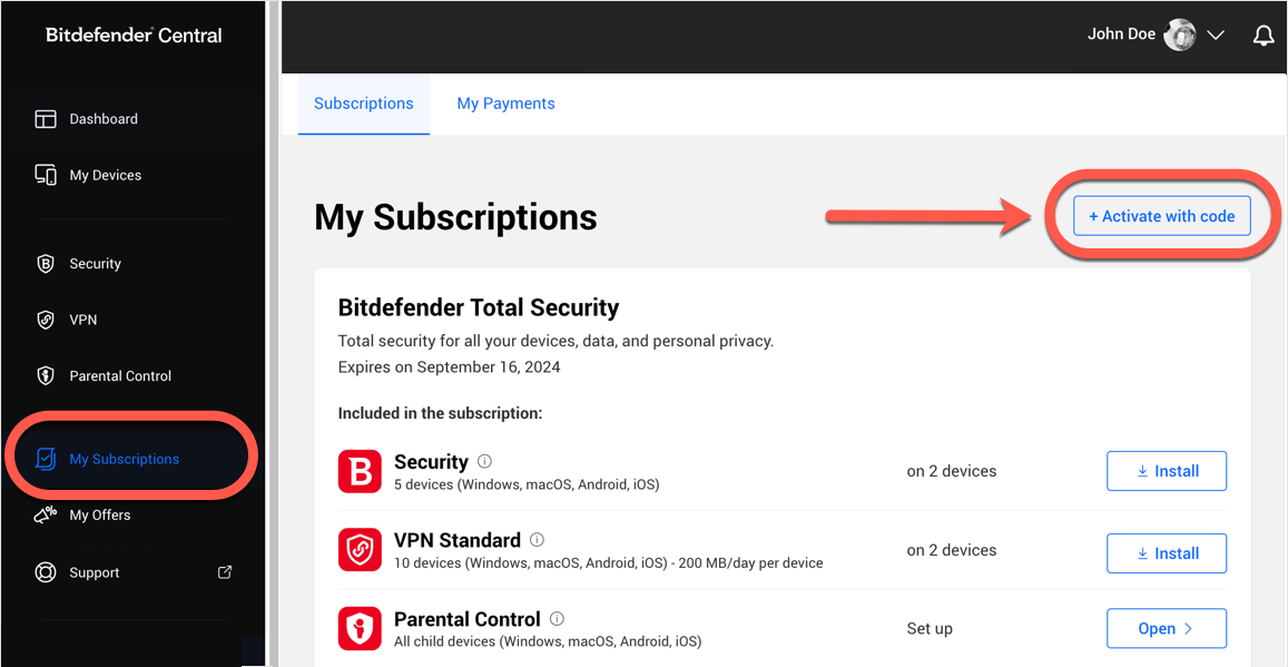 Mis suscripciones - ampliar la suscripción a Bitdefender